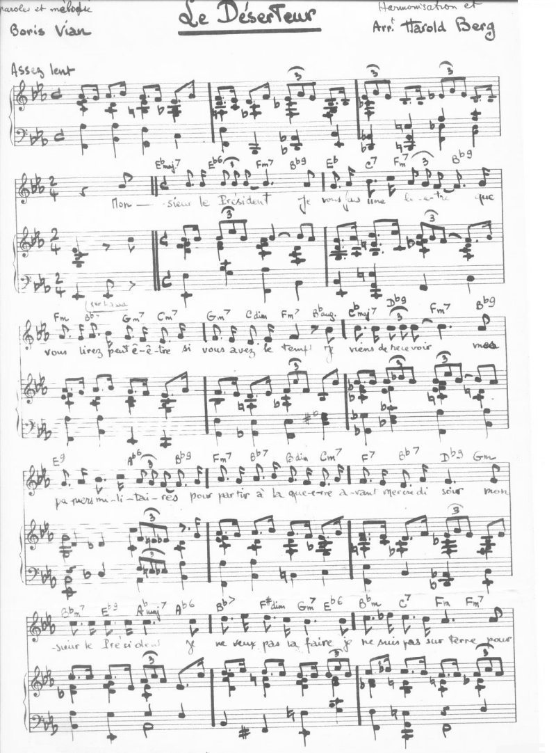 Pic: Boris Vian's <em>Le Déserteur</em> Music Sheet Part #1 - Size: 176k - Please do not steal this picture